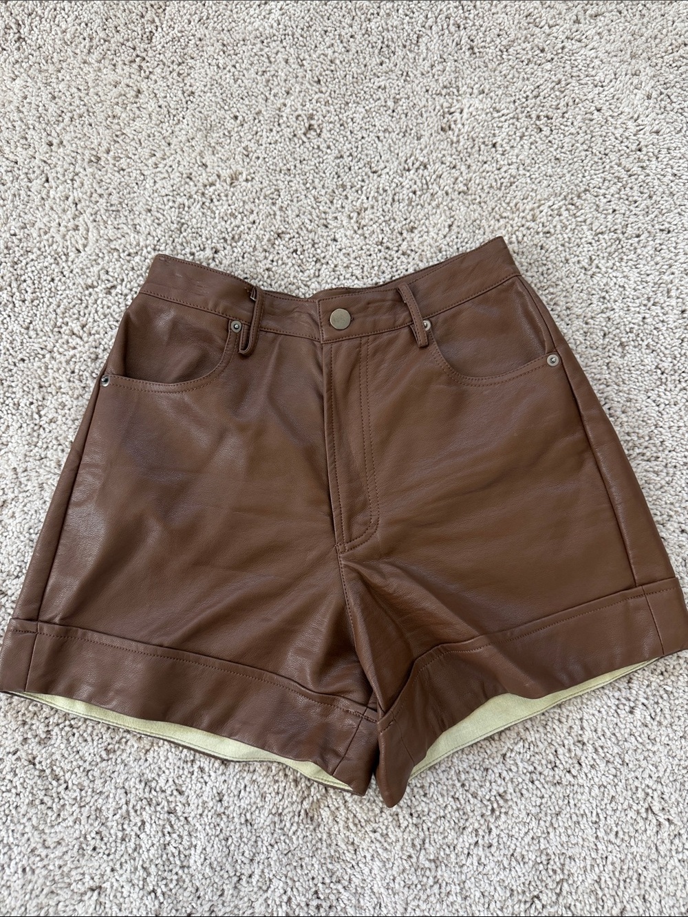Brown Leather High-Waist Women’s Shorts